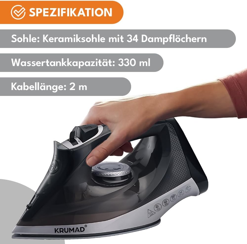 Dampfbügeleisen Kabellos 2600W, Keramiksohle mit 34 Dampflöchern, 330 ml Wassertank, Dampf- & Trocke