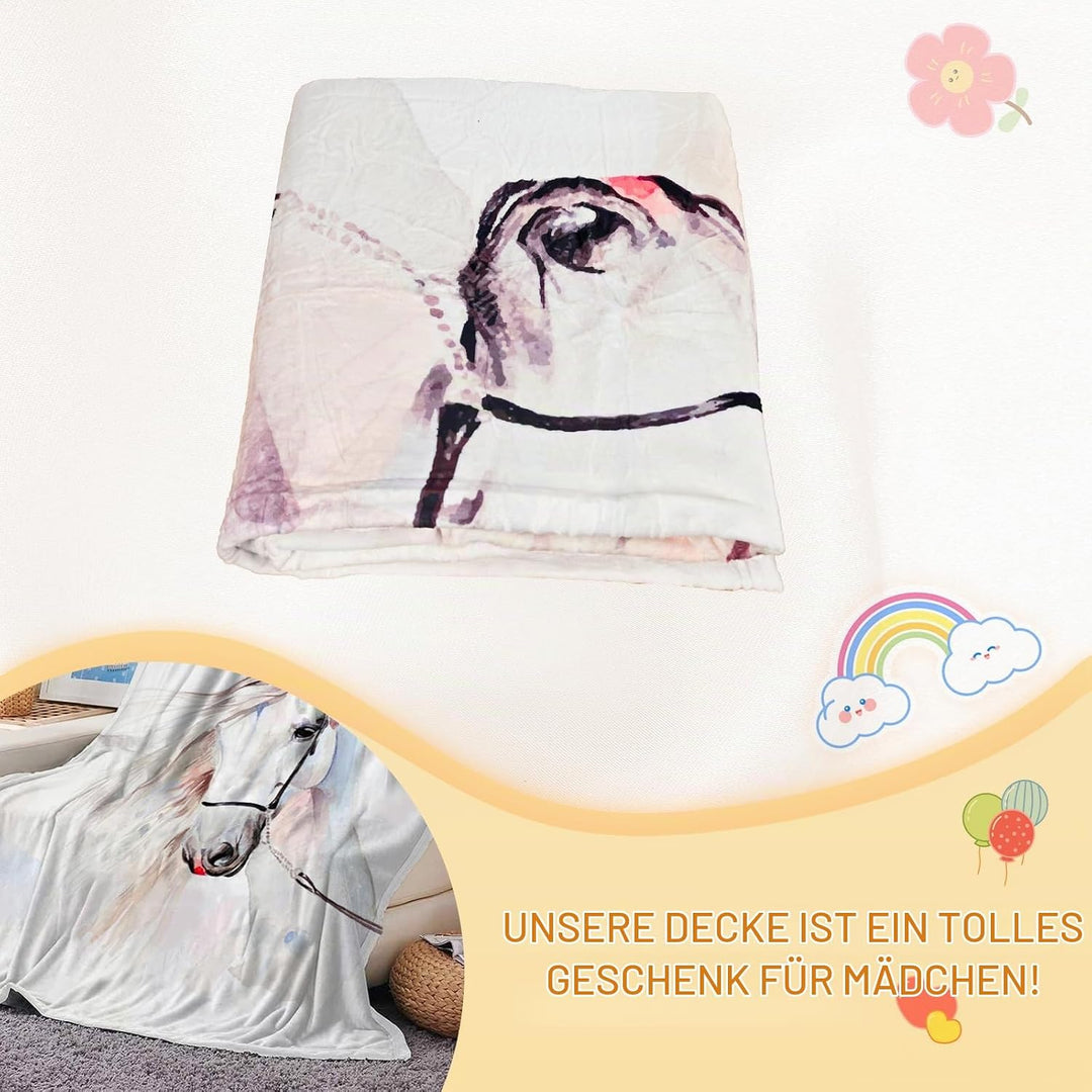 Weiche Decke mit weissem Pferd 150x200 cm, Pferdemotiv 3D Tier Motiv, Mikrofaser, Sehr Weich, Kinder
