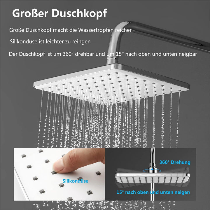 YOOZENA Duschsystem mit Thermostat, Regenduschkopf 26x19 cm, Handbrause, Chrom, Kupfer, höhenverstel