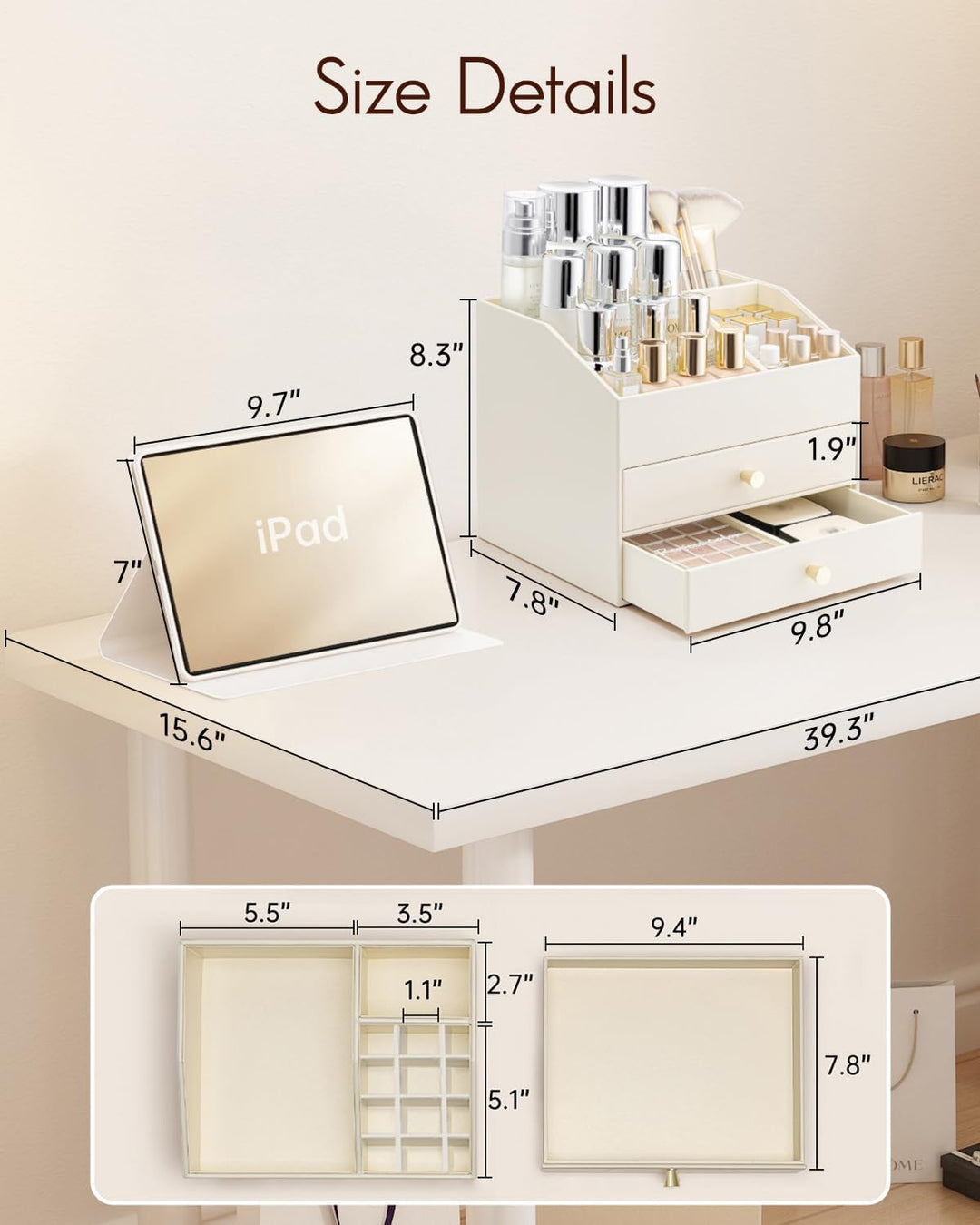 Vlando Make up Organizer mit 3 Schubladen, Schminktisch Organizer, Kosmetik Organizer, Schmink Organ