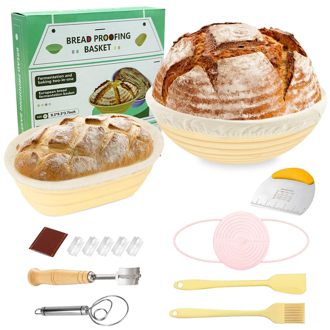 10 Stück Gärkorb Brot Set, Gärkörbchen zum Brotbacken, 23cm Rund & 25cm Oval Brotkörbchen aus Siliko