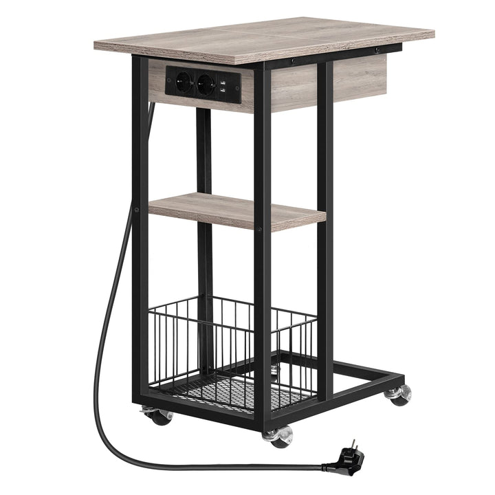 HOOBRO Beistelltisch mit Ladestation, Flip C-Form Sofatisch, Couchtisch mit Rädern und Ablagefläche,