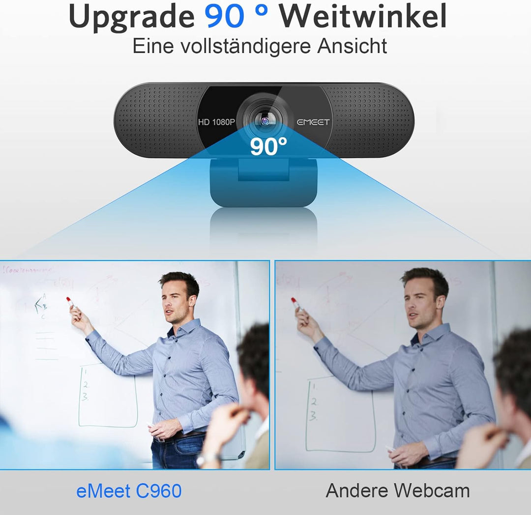 EMEET Full HD Webcam - C960 1080P Webcam mit Objektivabdeckung & Dual Mikrofon, 90 ° Streaming Kamer