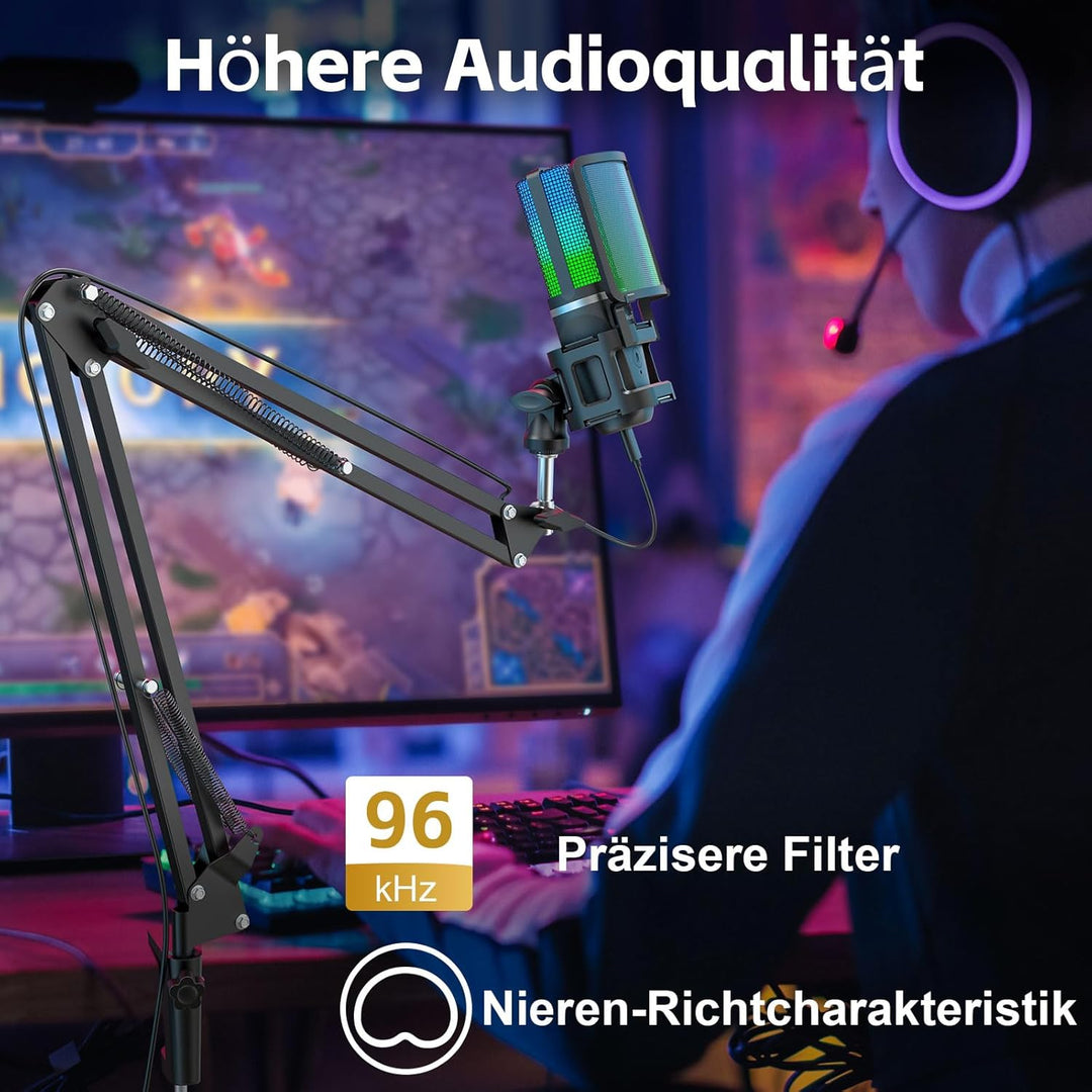 zealsound USB Gaming Mikrofon für PC Mac iPhone mit RGB/Mute/2 Adapter & 2 Ständer(USB-C & Lightning