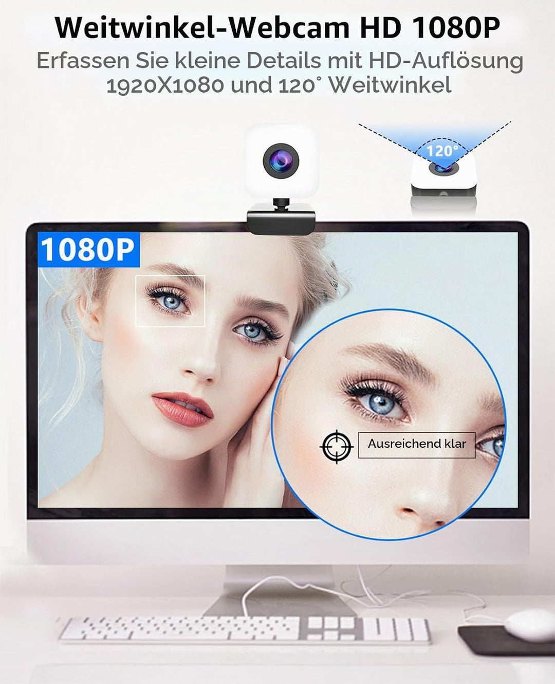 1080P Webcam mit Mikrofon,Full HD Web Camera für PC/Laptop,Facecam Streaming Cam mit Ringlicht,Abdec