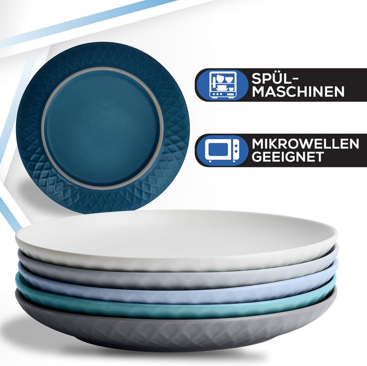 MIAMIO - 6er Geschirrset/Teller Set modern aus Keramik für 6 Personen - Palmanova Kollektion (Blau,