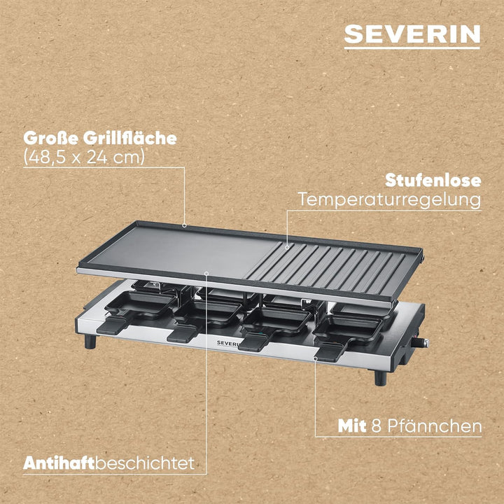 SEVERIN Raclette-Grill, Raclette mit grosser antihaftbeschichteter Grillplatte und 8 Raclette Pfännc
