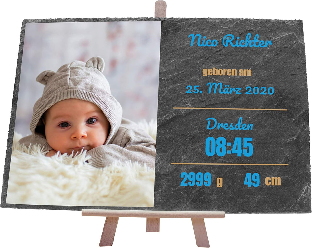 wandmotiv24 Schieferplatte mit eigenem Foto zur Geburt, 30 x 20 cm, inklusive Staffelei, Babyfoto, G