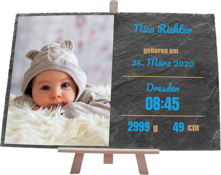 wandmotiv24 Schieferplatte mit eigenem Foto zur Geburt, 30 x 20 cm, inklusive Staffelei, Babyfoto, G