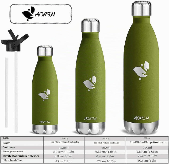 AORIN Vakuum-Isolierte Trinkflasche - 350ml/500ml/750ml - Wasserflasche BPA-Frei,24 H Kühlen &amp; 12 H