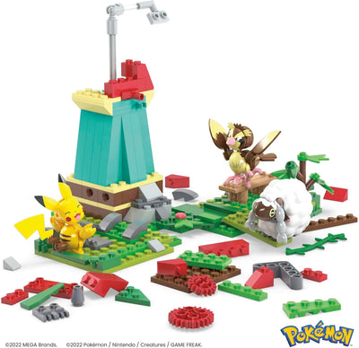 MEGA Pokémon Bauspielzeug für Kinder, Windmühlen-Farm mit Pikachu-, Taubsi- und Wolly-Actionfigur zu