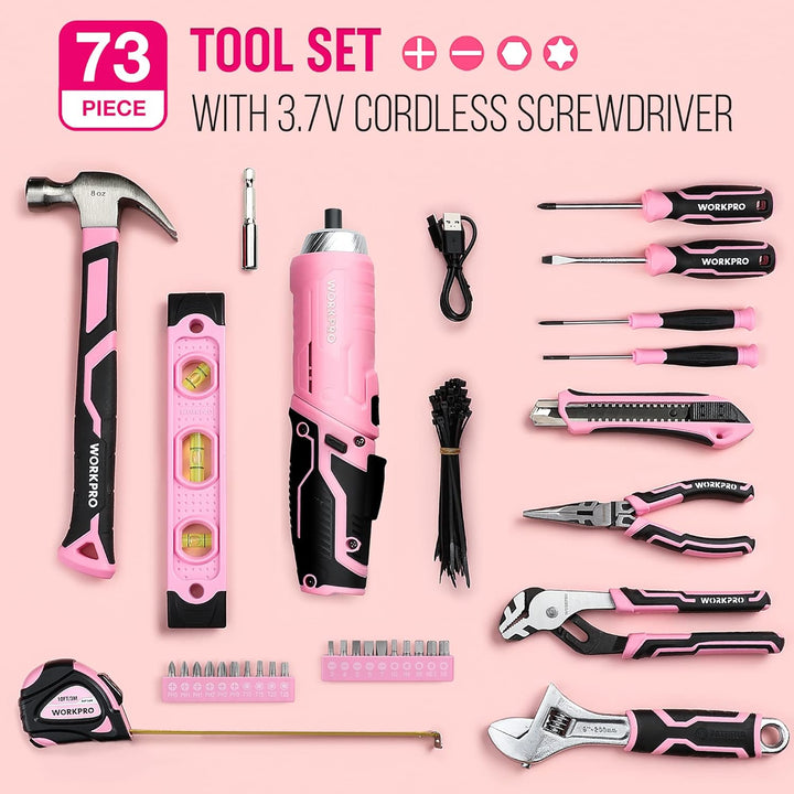 WORKPRO 73-tlg. Werkzeug Set Rosa mit Akkuschrauber klein, pink Metall Werkzeugkoffer gefüllt für Ha