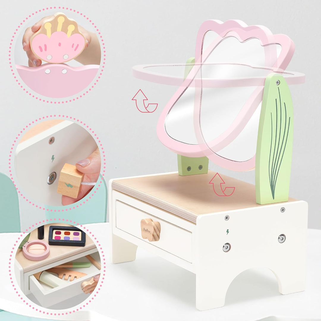PairPear Holz-Kosmetikset für Kinder mit drehbarem Spiegel, Beauty-Salon Spielset mit 19 Zubehörteil