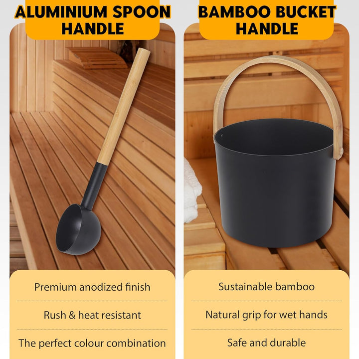 Saunakübel Set, 7L Aluminium Sauna Eimer mit Sanduhr, Saunaschale, Saunakelle, Thermo & Hygrometer,