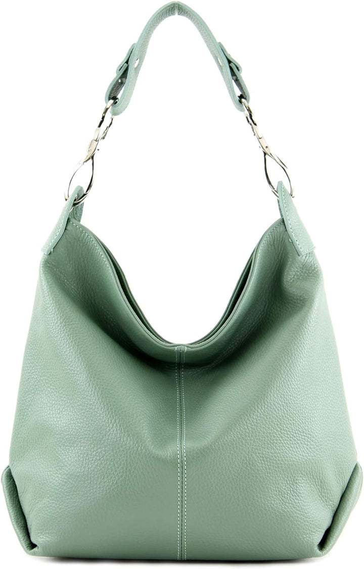 modamoda de - T168 - ital Schultertasche Umhängetasche aus Leder Graugrün, Graugrün