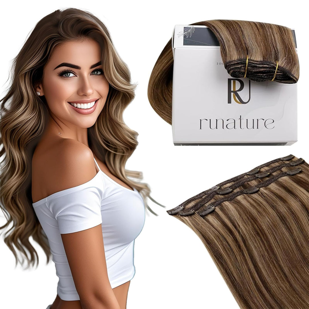 RUNATURE Echthaar Extensions Clip in Dunkelbraun mit Dunkelblond Echthaar Clip in Extensions Braun C