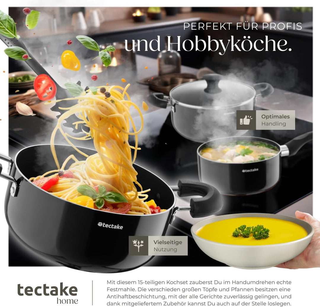 tectake® Küchenstarterset 6 Personen, Steingut Geschirr Set, Teller, 4 Töpfe 2 Pfannen rostfreies Al
