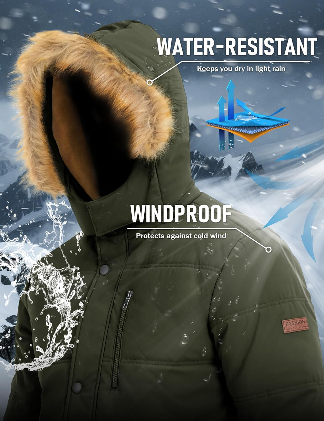 MAGCOMSEN Herren Winter Parka Jacke Winddicht Outdoor Warme Fleecejacke Freizeit Übergangsjacke Wass