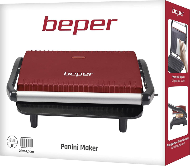 BEPER P101TOS002 Toaster Sandwichmaker, 850W, Antihaftplatte, Wärmeisolierender Griff, Rot