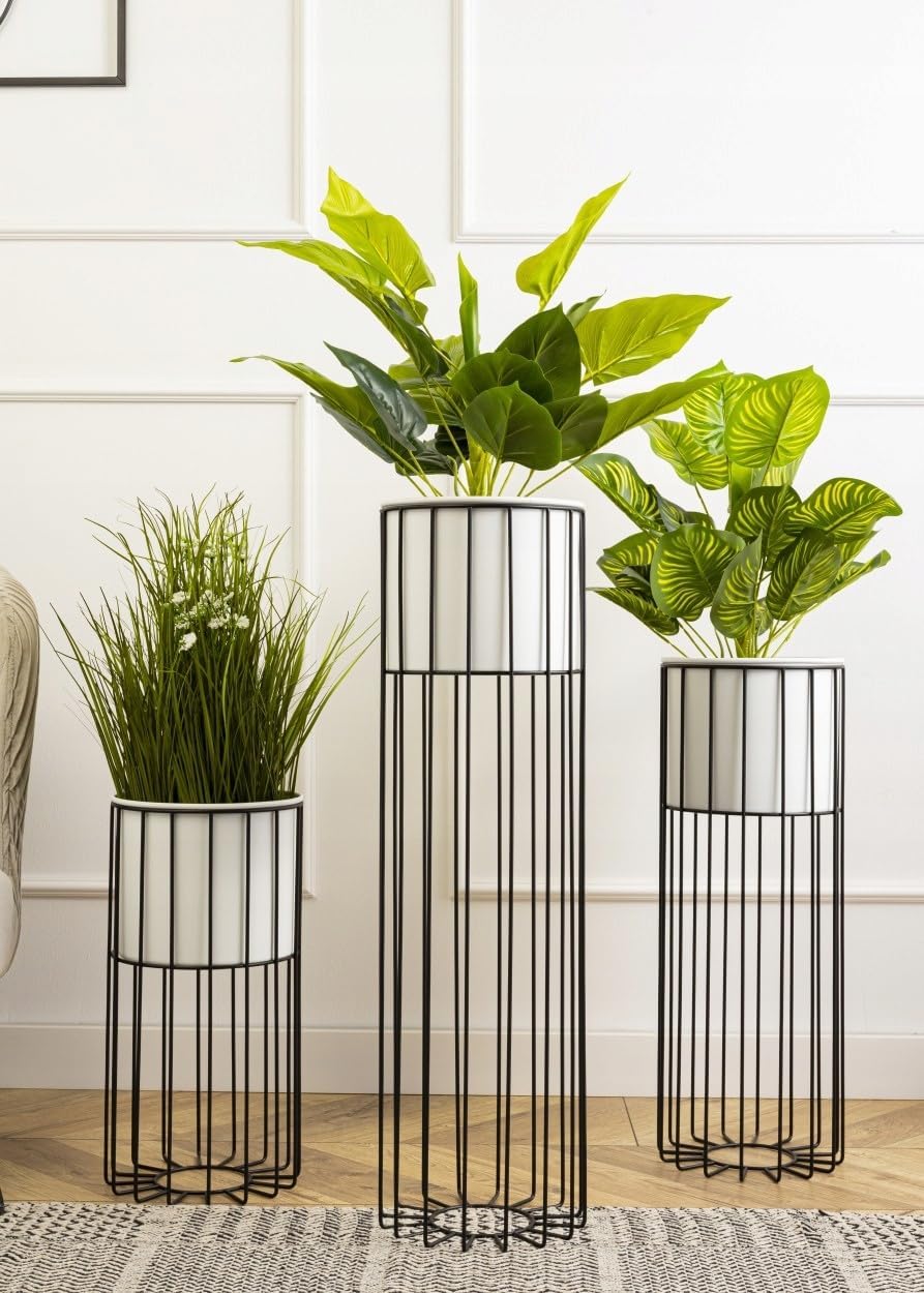 Moderne Blumenständer Metall 70 cm Hoch mit Weiss Blumentopf Rund 19 cm Ø auf Robuste Schwarz Stände