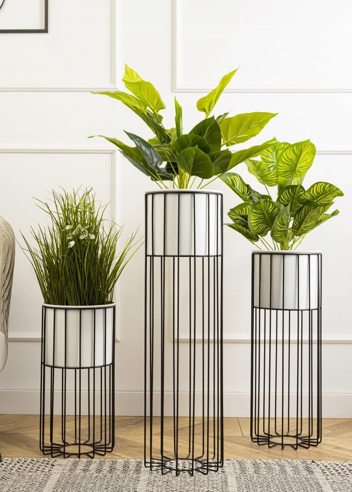 Moderne Blumenständer Metall 70 cm Hoch mit Weiss Blumentopf Rund 19 cm Ø auf Robuste Schwarz Stände