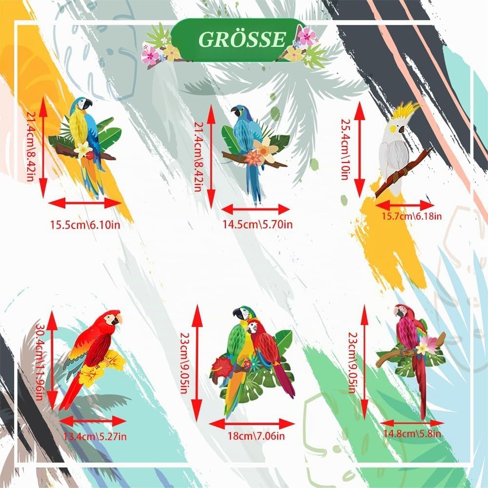 36 Stück Tropische Vögel Wabenausschnitte, Hängend Papagei Papier Ausschnitte Hawaii Sommer Strand L