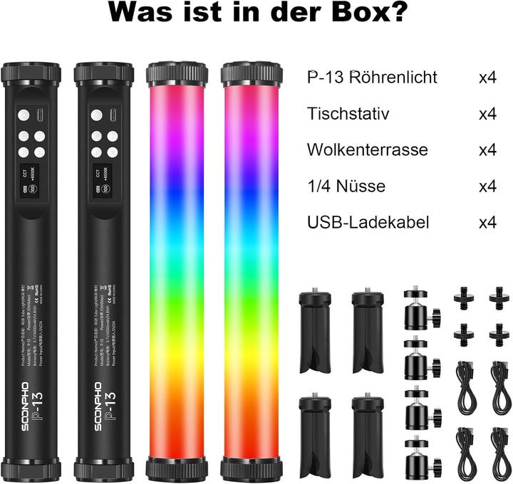 Soonpho 4Pack P13 RGB LED Video licht Stick handgehaltene Tube Lichter Rohr-Videoleuchte mit Stativ