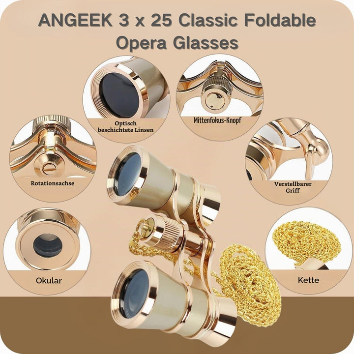 ANGEEK 3 x 25 Classic Foldable Opera Glasses Binoculars Metal Body with Chain Optical Lens Theater T