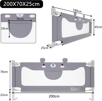 NAIZY Rausfallschutz Bett 200cm Bettgitter Baby Bettschutzgitter mit Höhenverstellbar Kinderbettgitt