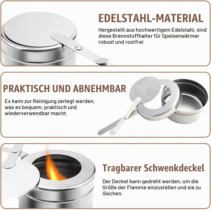 6 Stück Brennpastenbehälter mit Deckel, Edelstahl Fondue Brenner Spiritusbrenner, Speisewärmer Brenn