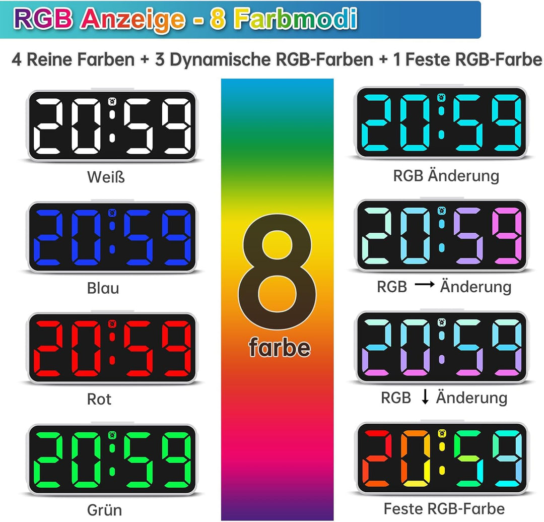 Eachui Wecker Digital RGB Farbiger wecker für Kinder Ohne Ticken Kleiner Uhr Einstellbare Lautstärke