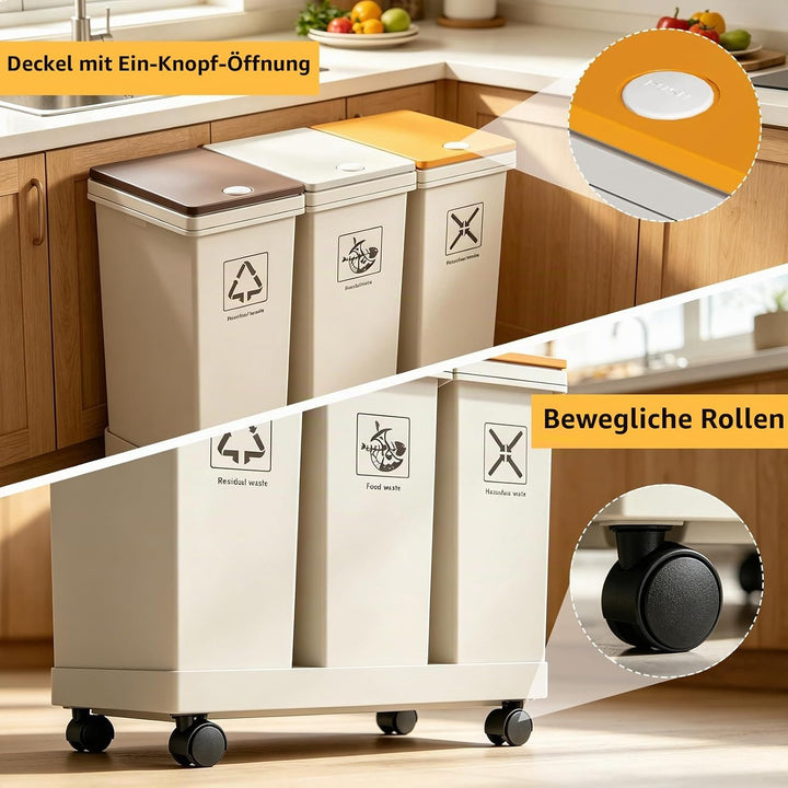 3-er Mülleimer-Set, 3 X 12L Küche Mülltrennsystem mit Standfuss | Abnehmbarer Differenzierter Abfall