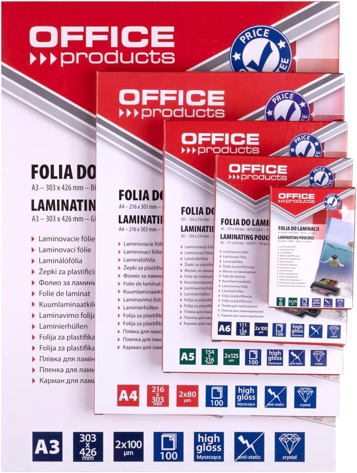 OFFICE PRODUCTS 20325435-90 Laminierfolie A4, 2 x 125 micron, glänzend, 100 Stück, transparent 2 x 1