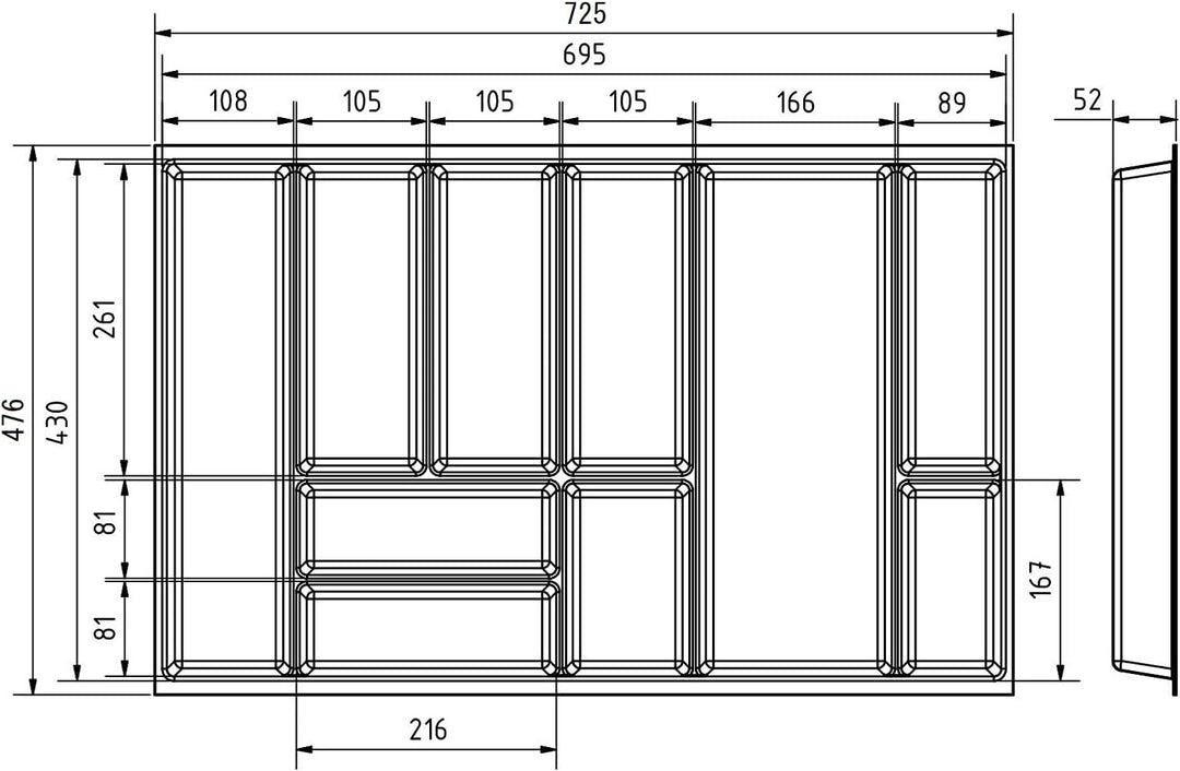 Orga-Box Junker Slim Besteckeinsatz 725 x 476 mm Lavagrau mit Perlstruktur für 80er Schränke Küchen