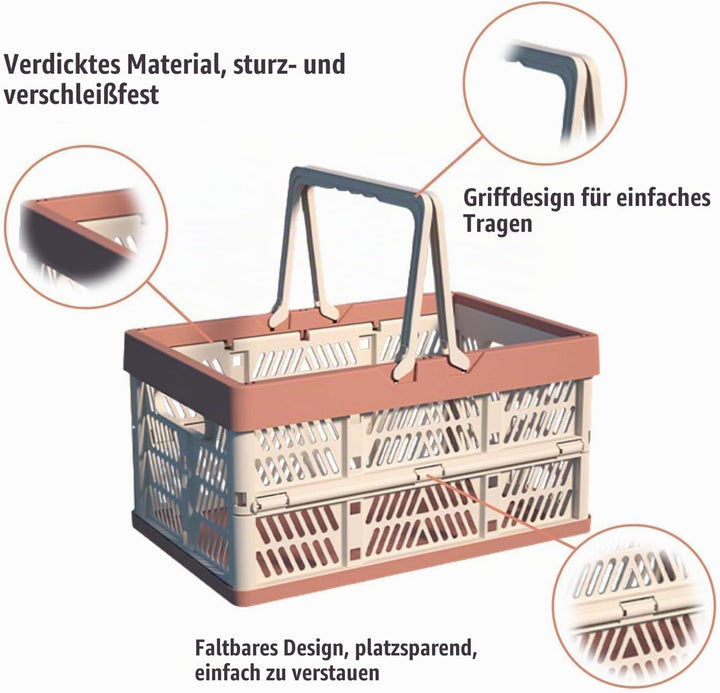 2 Stück Korb,Faltbarer klappbox klein,Camping Klappbox Plastik mit Henkel,Einkaufskorb Faltbar,Einka