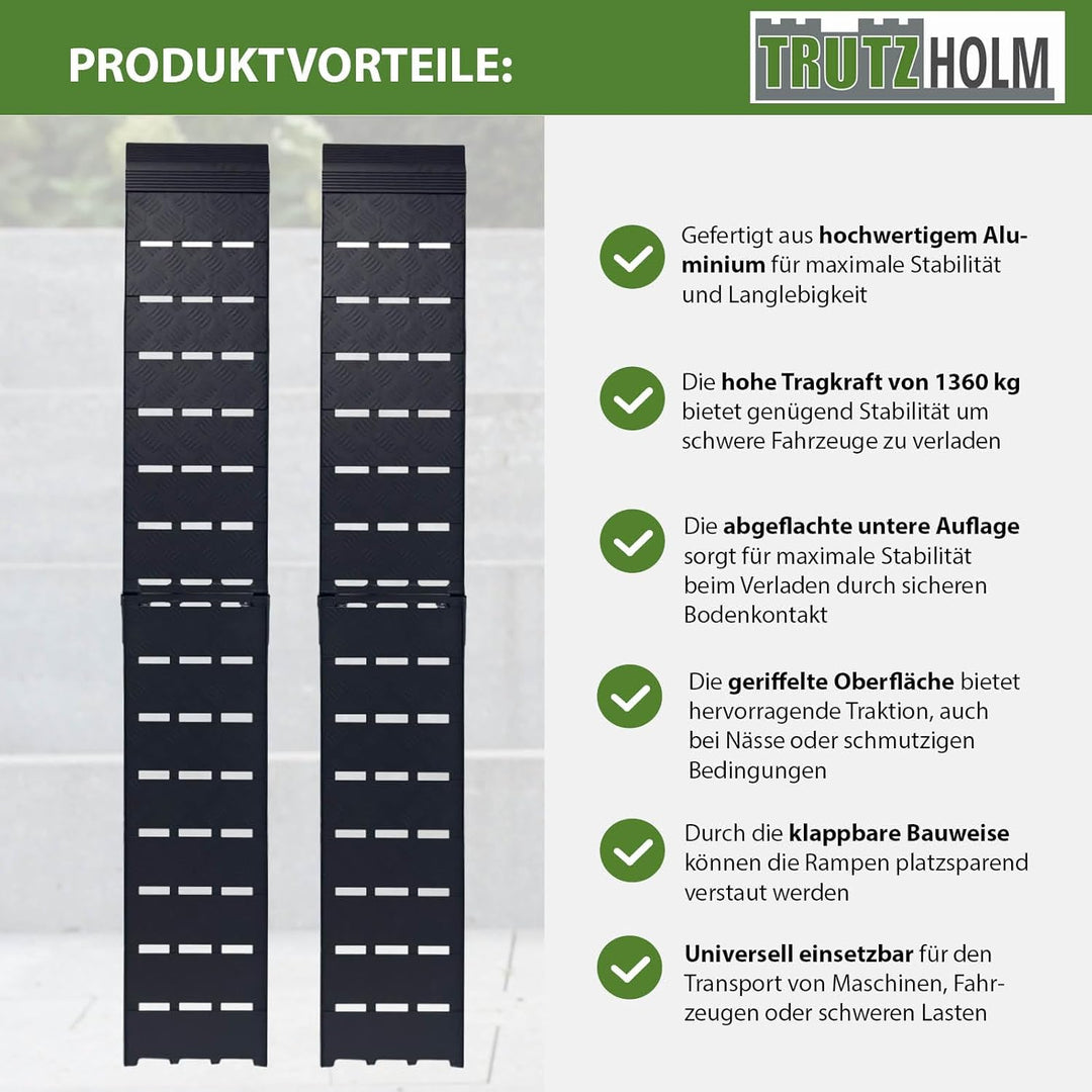TRUTZHOLM 2 x Auffahrrampe 226 x 28,5 cm Traglast 1360 kg Alu klappbar geriffelt schwarz Motorradram