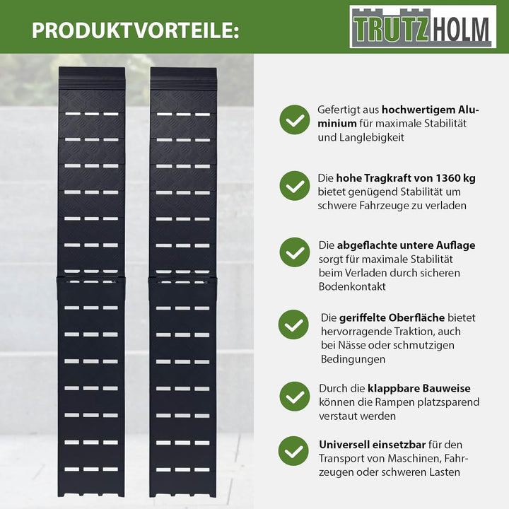 TRUTZHOLM 2 x Auffahrrampe 226 x 28,5 cm Traglast 1360 kg Alu klappbar geriffelt schwarz Motorradram