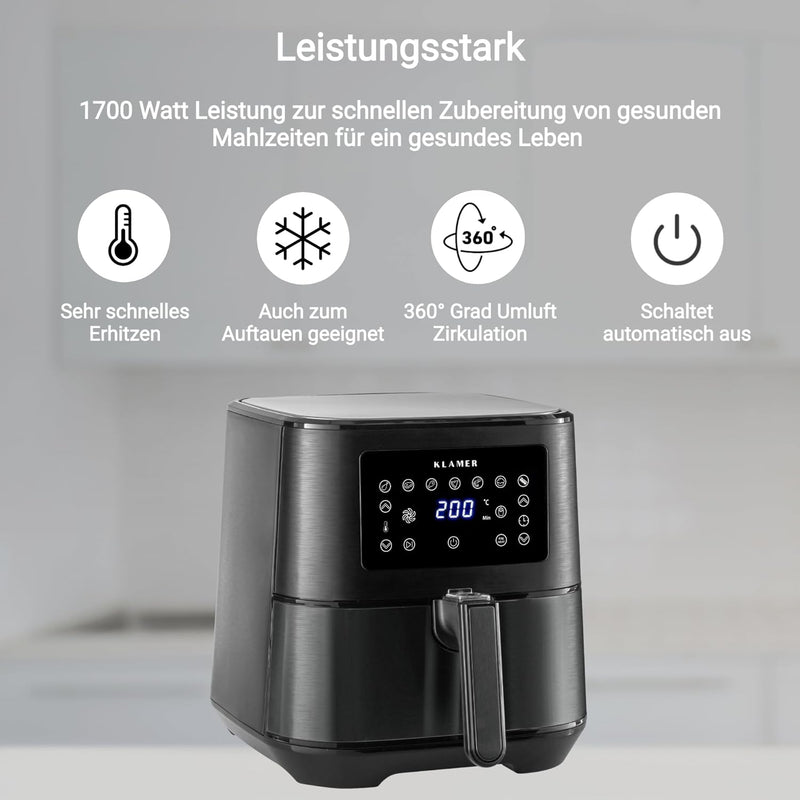 KLAMER Heissluftfritteuse 5,5l XXL, ölfreie Friteuse, 1700W Airfryer mit LED-Touchscreen, digitalem