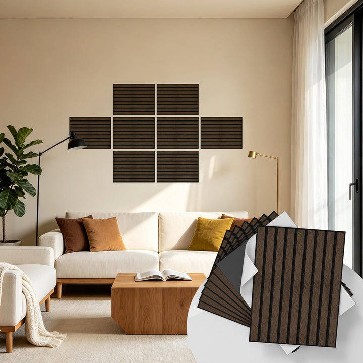 WADILE Selbstklebende Holz-Lamellen Wandpaneele 30×40 cm, PVC Akustikpaneele Schallabsorbierend für