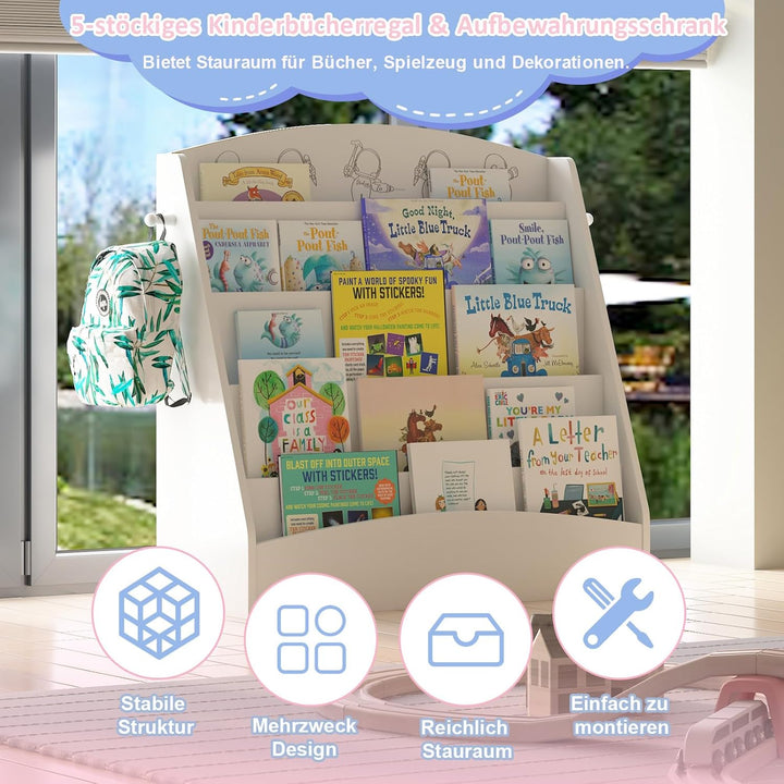 Kinder Bücherregal mit 5 offenen Fächern und Haken, Kinderregal Holz, Montessori Aufbewahrungsregal