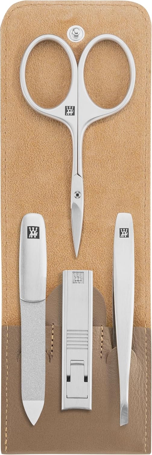 ZWILLING Maniküreset 4-teilig Nagelpflegeset aus Rindleder mit Reissverschluss, Premium, Taupe, 4-Te