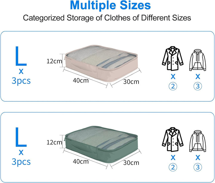6 grosse Packing Cubes in Beige & Bottlegrün - Grösse L - Gleichgrosse Koffer Organizer L– Wasserdic