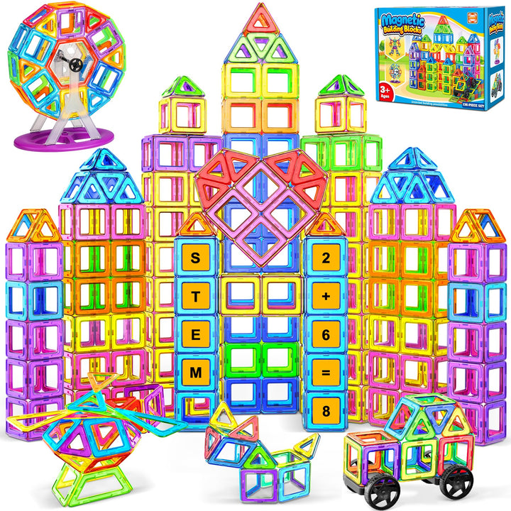 WOOBLO Magnetische Bausteine für Kinder, 136 Teile Magnetspiel Magnetbausteine Bausatz, STEM Montess