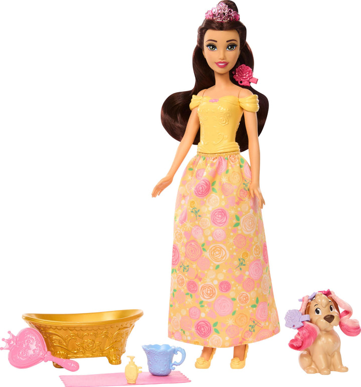 Mattel Disney Princess Belle Modepuppe mit Hündchen, Farbwechseleffekt, Badewanne, Bürste und Haarzu
