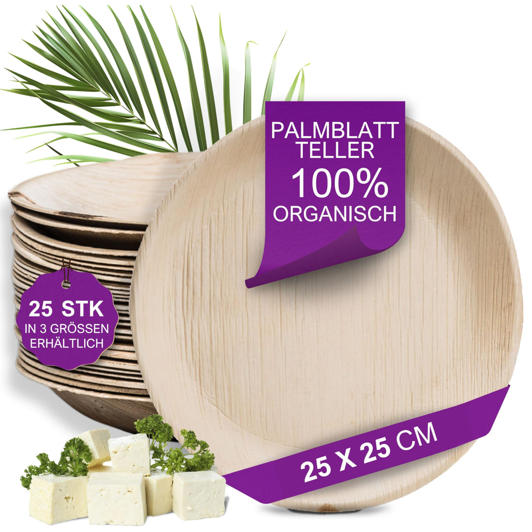 Waipur Bio Palmblatt-Teller - 25 Teller rund gross Ø 25 cm - Premium Einwegteller kompostierbar - Um