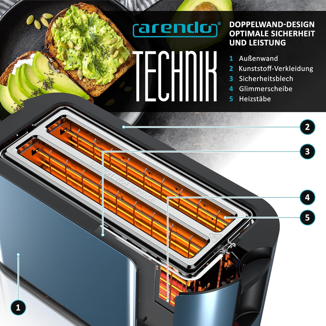 Arendo - Edelstahl Toaster Langschlitz 4 Scheiben- Touchscreen – Doppelwandgehäuse – Integrierter Br