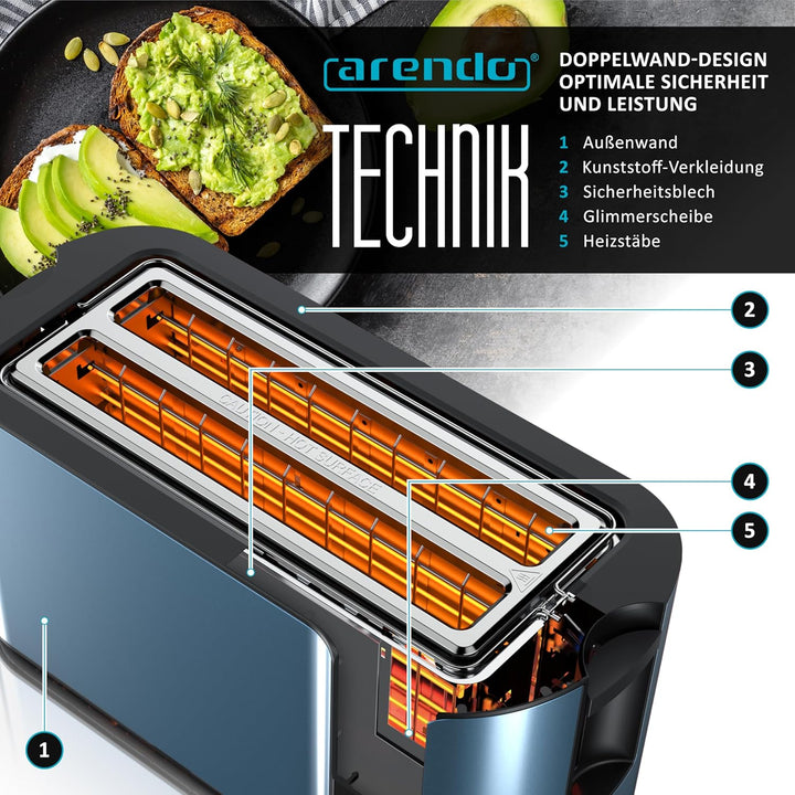 Arendo - Edelstahl Toaster Langschlitz 4 Scheiben- Touchscreen – Doppelwandgehäuse – Integrierter Br