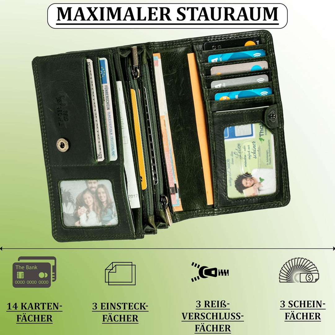 MATADOR Geldbörse Echt Leder Geldtasche Geldbeutel Damen Mittelgross | Portmonee Gross Viele Fächer