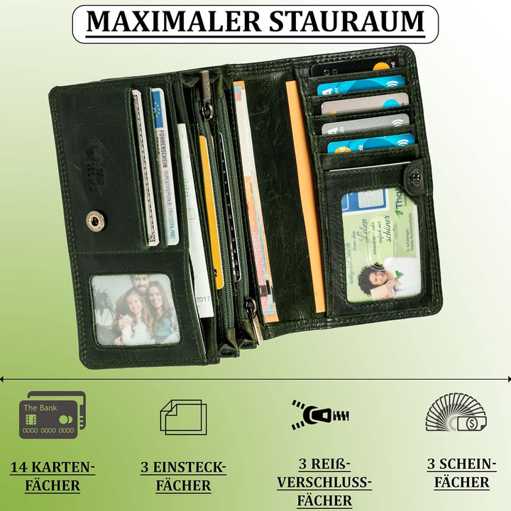MATADOR Geldbörse Echt Leder Geldtasche Geldbeutel Damen Mittelgross | Portmonee Gross Viele Fächer
