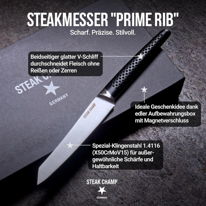 Steakchamp Steakmesser Prime Rib: 4 Steakmesser aus Klingenstahl, Rutschfeste Griffe, Elegantes Desi